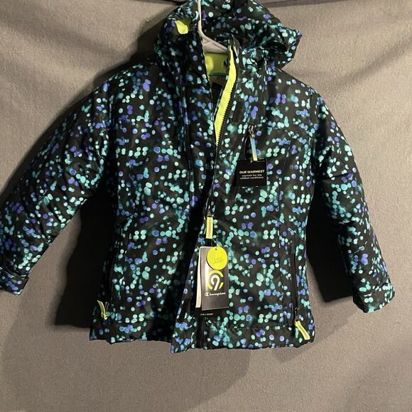 champion girls puffer jacket xs rain small black blue polka dot thick - Picture 1 of 10
